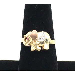 10K Tricolor Solid Gold Women's Elephant Ring with Zirconias and Rubies Size 8